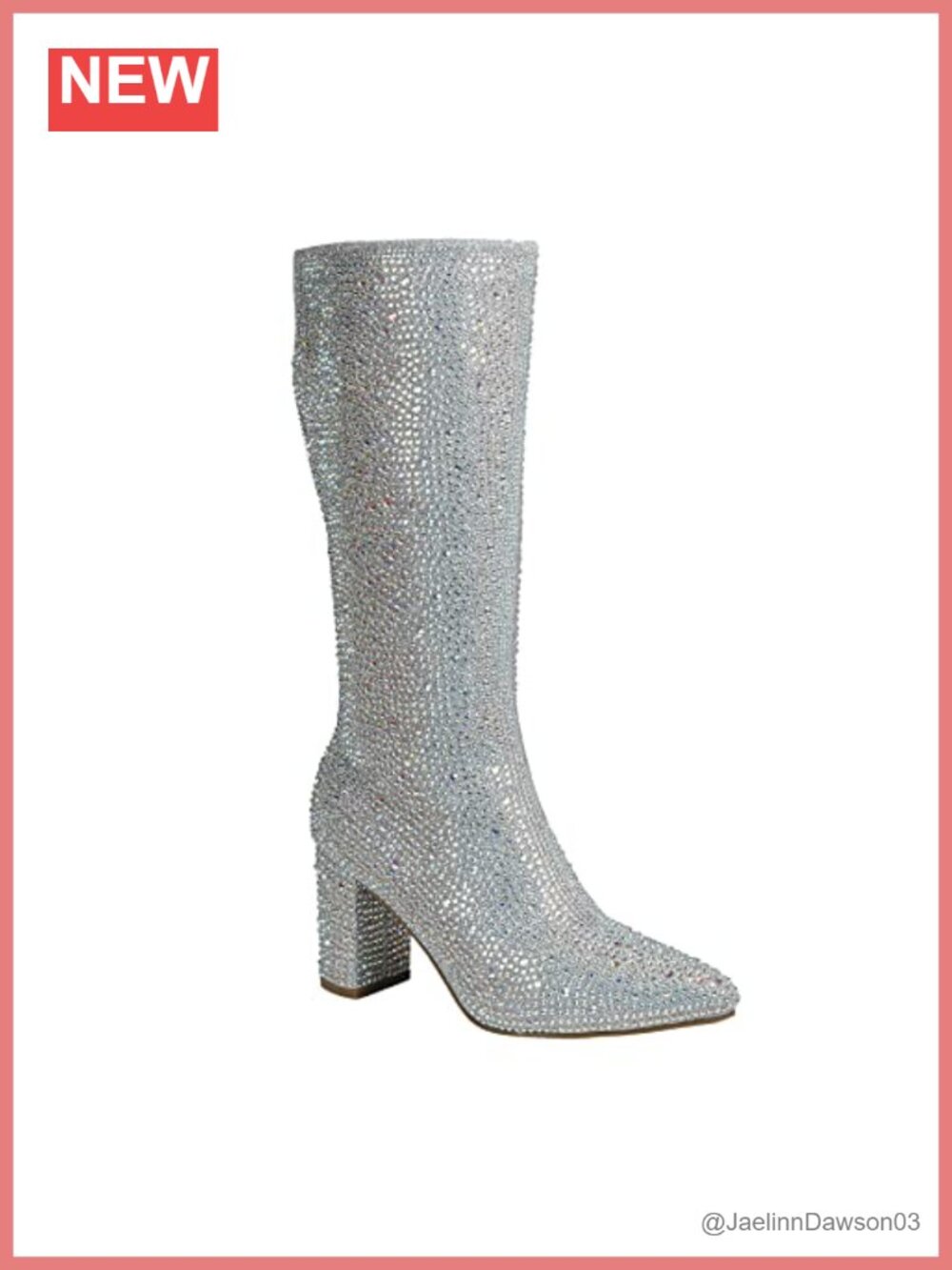 Women Rhinestone Pointed Toe Block Heel Knee High Boots Zipper